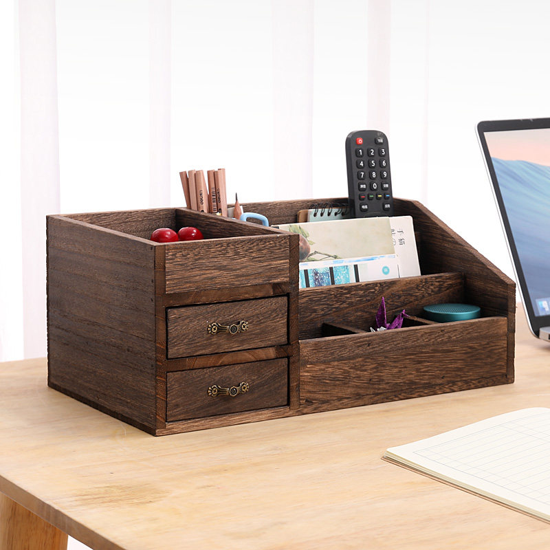 Desktop storage case solid wood drawer-type cosmetic shelve Multi-grid red finishing frame student pen holder pencil case