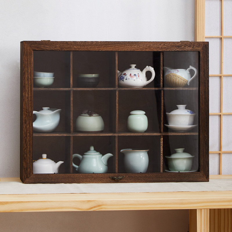 Solid wood desktop container box dust proof organic glass plate teacup cup containing layer purple sand teapot collection cabinet