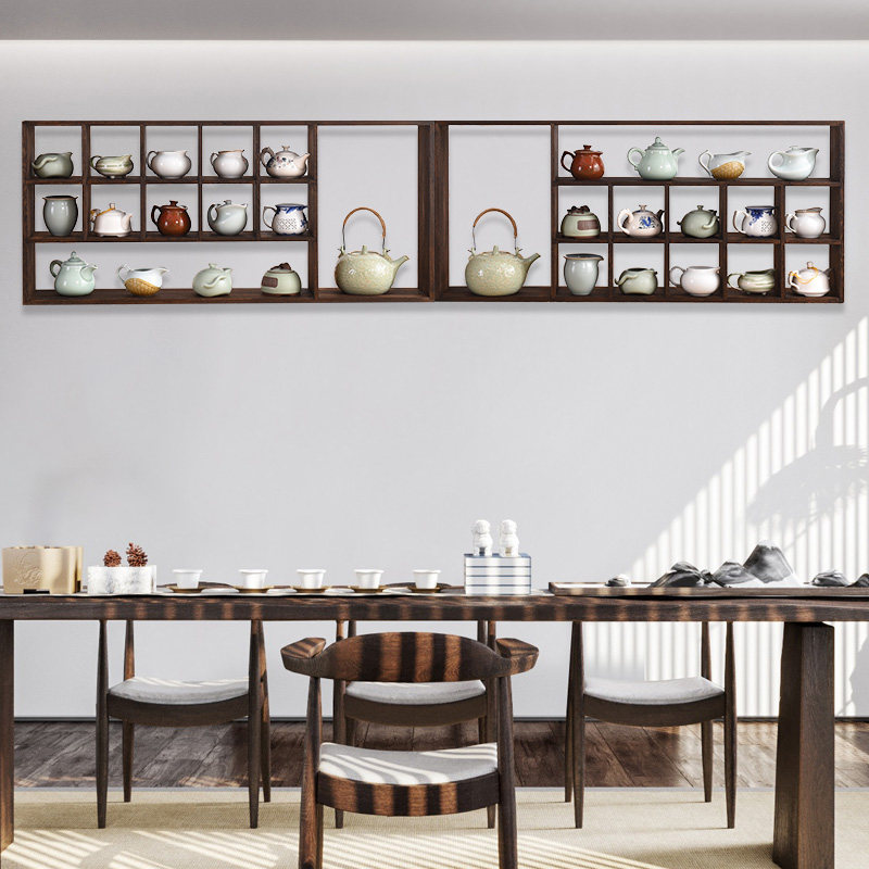 Solid wood wall hanging rack combination wall hanging Bogu rack tea set tea pot tea cup storage shelf tea room spare parts