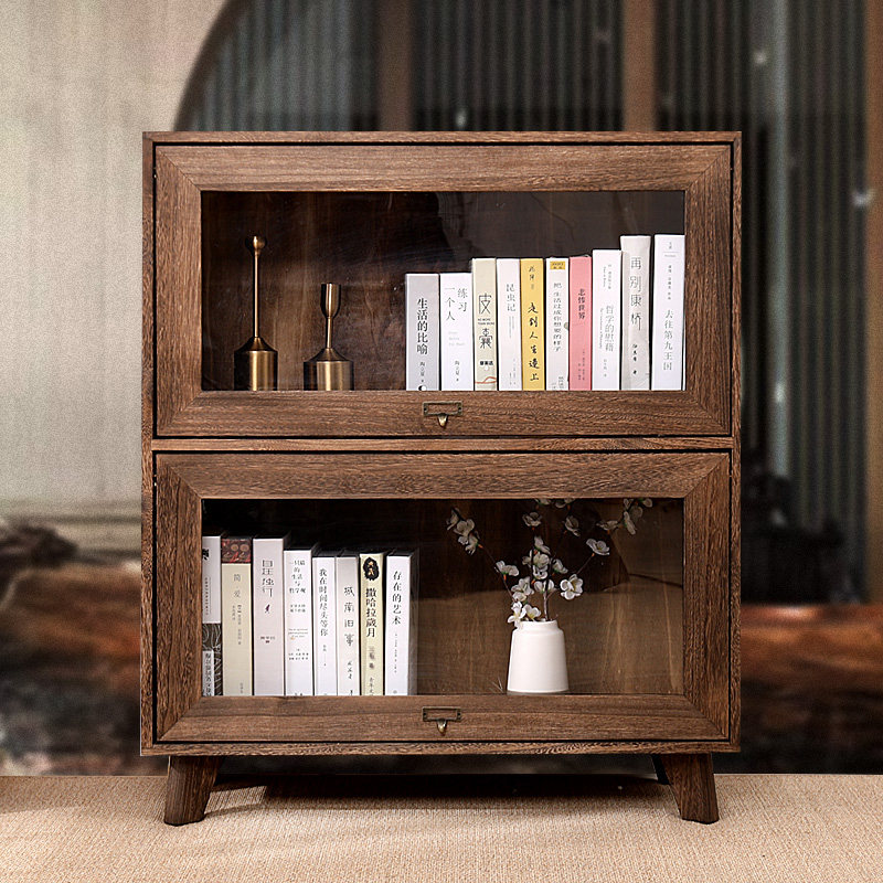 Solid Wood Storage Case Shelve Glass Door Storage Display Cabinet Double Door Bookcase Landing Style Bookcase Clamshell Style Tea Cabinet