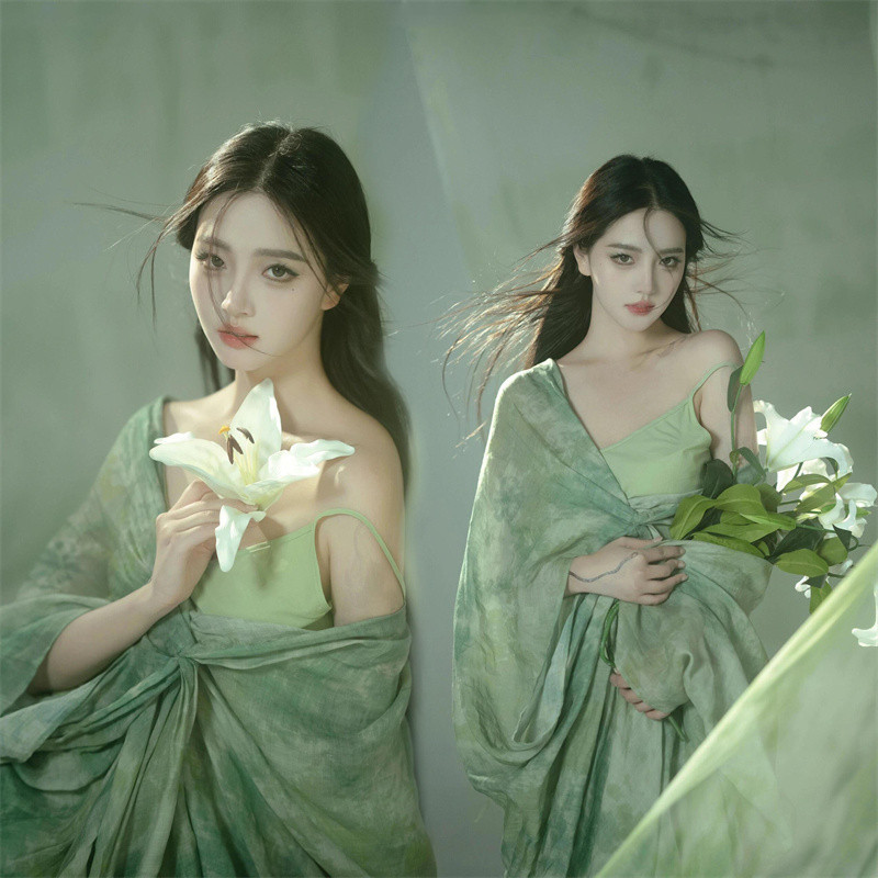 Photo Studio New Style New Chinese-Style Dress, National Style Zen-Inspired Women's Clothing, V-Neck Green Printed Ancient-Style Improved Hanfu Dress