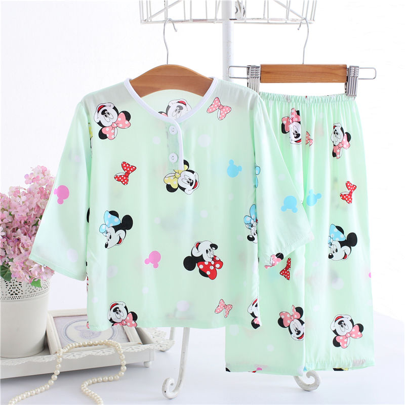 lụa cotton mùa hè childrens pajamaboys thiết cô gái dài tay dài tay cô gái không khí lạnh quần áo nhà bé.