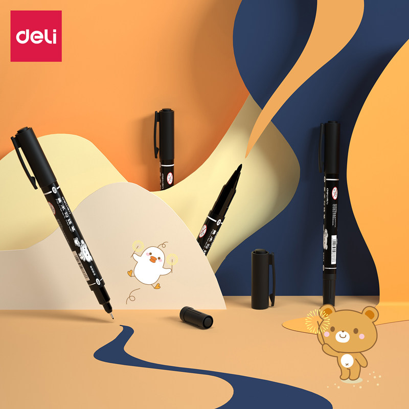 Deli hook pen Students use art kindergarten children's painting black double-headed stroke marker hand-painted oily