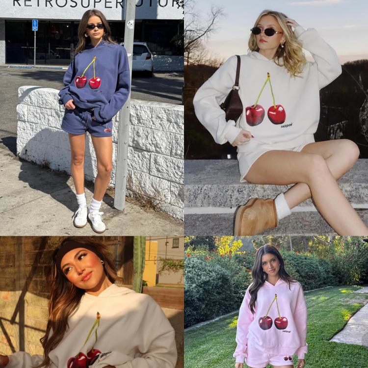 【Clearance Sale, No Returns or Exchanges】 Ed1K Cherry Print Hooded Fleece Oversized Sweatshirt and Shorts Set, Export Goods
