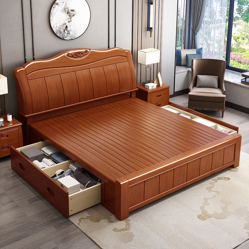 County pleasant furniture solid wood bed modern minimalist 1 8 m master bedroom 1 5m Chinese oak high case storage wedding bed-Taobao