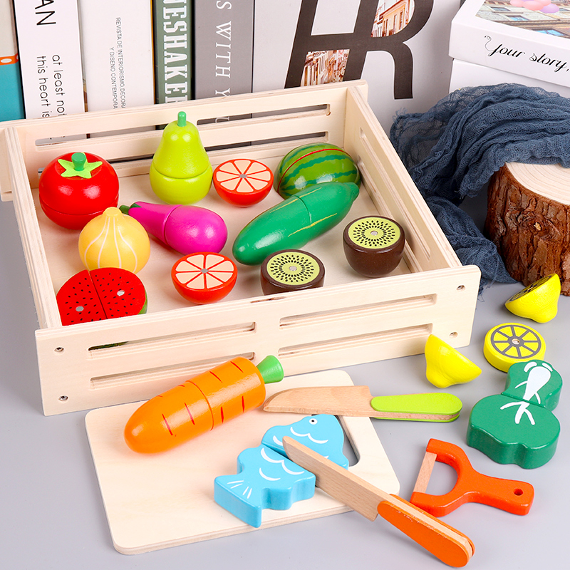 Children's Fruits and Vegetables Chichele Toys Magnetic Wood Chop Vegetables and Fruits Men's and Girls Kitchen Play Home Wine Set