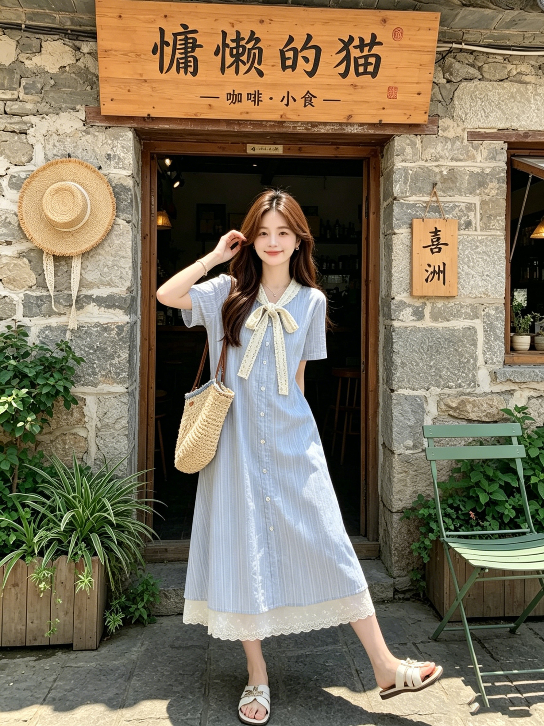 孕妇连衣裙夏季薄款2026新款蓝色甜美蕾丝拼接短袖A字裙中长款女 — 9