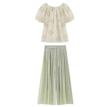 Maternity suit summer 2024 new fashion loose and sweet square collar thin puff short-sleeved top and skirt pants two-piece set
