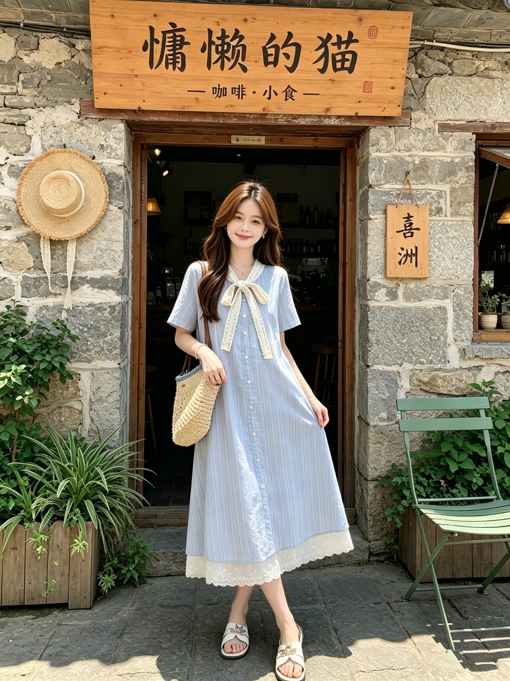 孕妇连衣裙夏季薄款2026新款蓝色甜美蕾丝拼接短袖A字裙中长款女 — 5
