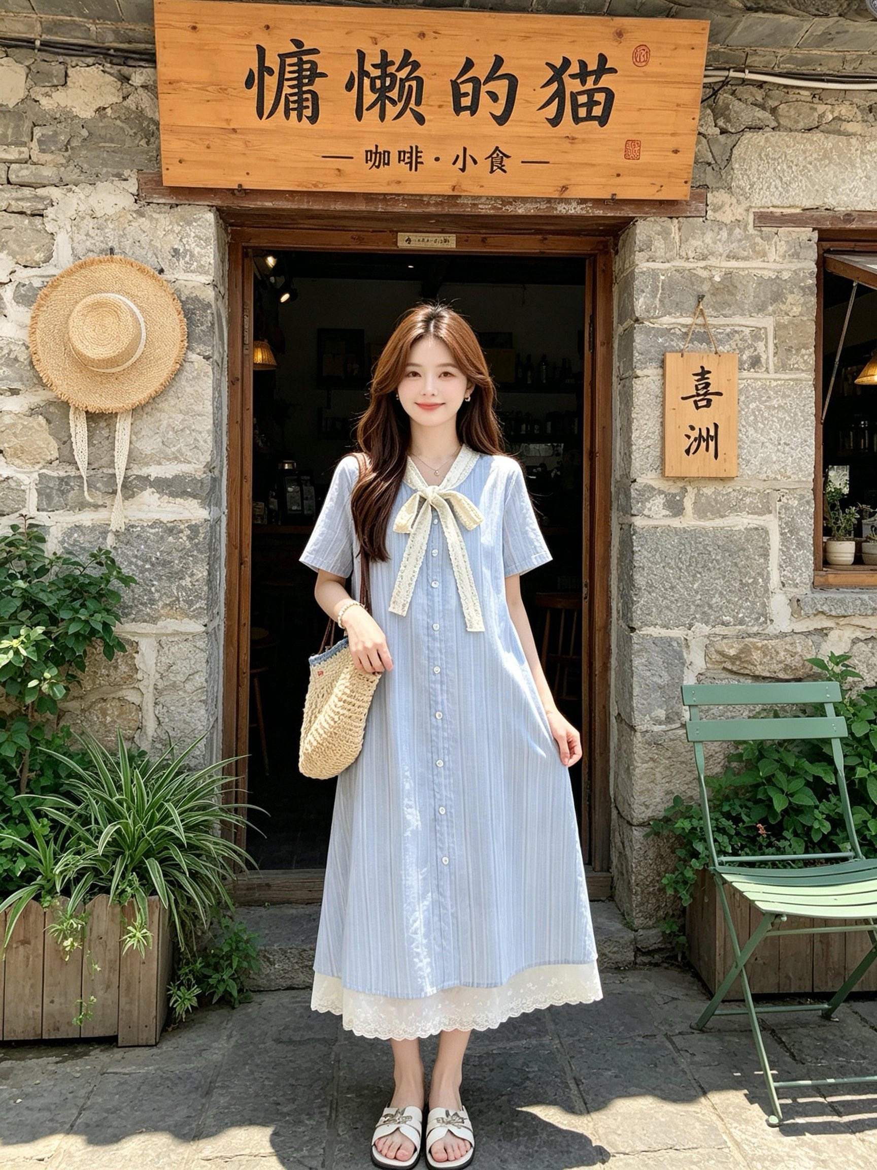 孕妇连衣裙夏季薄款2026新款蓝色甜美蕾丝拼接短袖A字裙中长款女 — 3