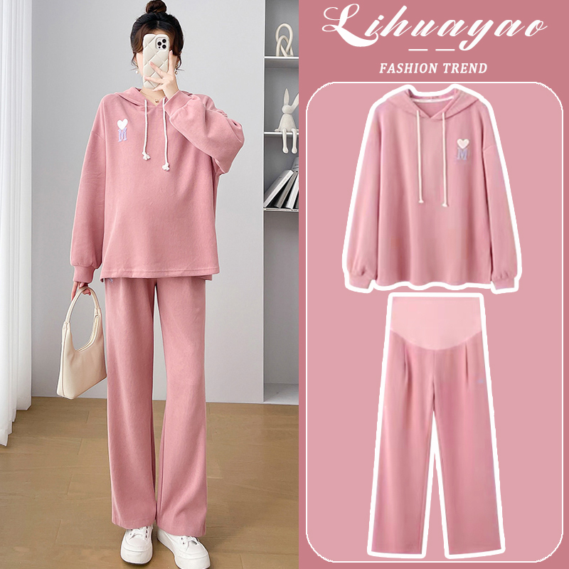 Maternity Suit, Fashionable and Stylish, Casual Pink Hooded Sweatshirt and Sweatpants Two-Piece Set, 2026 New Spring and Autumn Women's Style