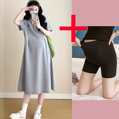 Maternity Dress Summer 2026 New Style Apricot Color Thin Short-Sleeved Polo Collar Loose Belly-Covering A-Line Skirt Mid-Length — 7