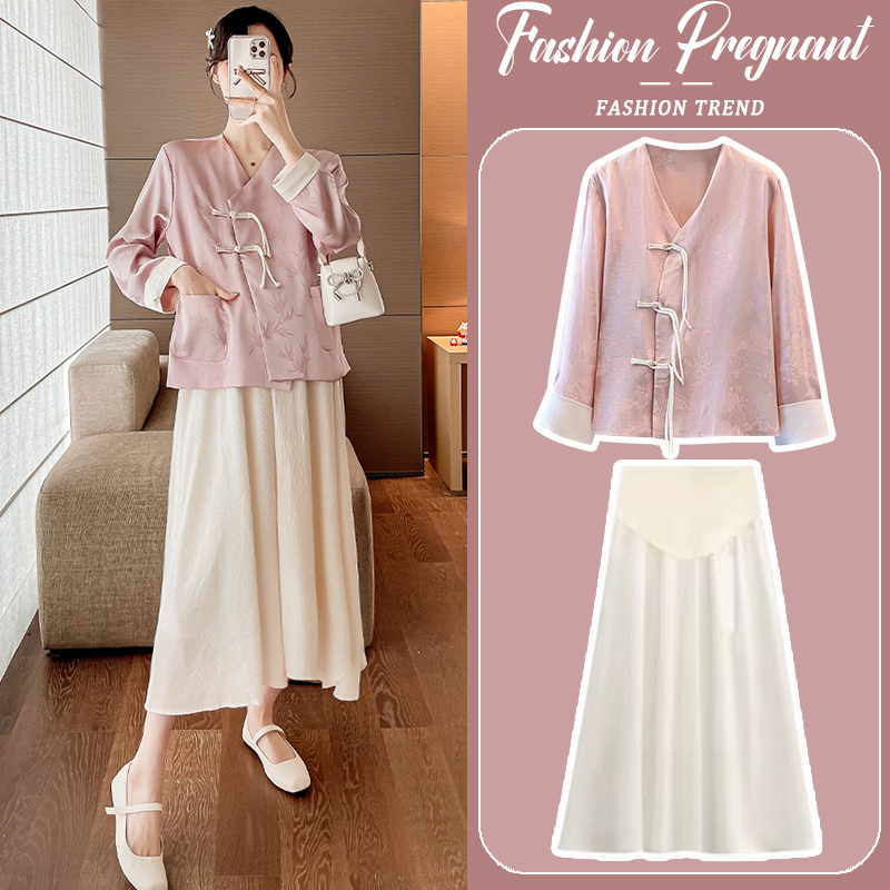 Maternity Dress Set, Fashionable Chinese Style, New Chinese-Style Cheongsam Top and Skirt Two-Piece Set, 2026 New Spring and Autumn Models