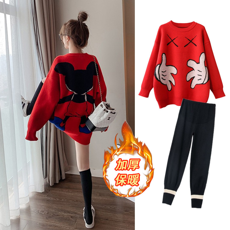 Pregnant women's sweater autumn loose mid-length version autumn and winter fashion models tide mother autumn suits Western style age-reducing tops for outer wear