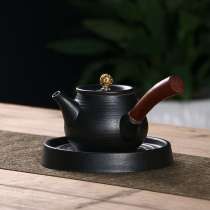 Haoyue ceramic kung fu tea set retro black pottery Zen side pot solid wood handle coarse pottery teapot insulation tea Bearing Group