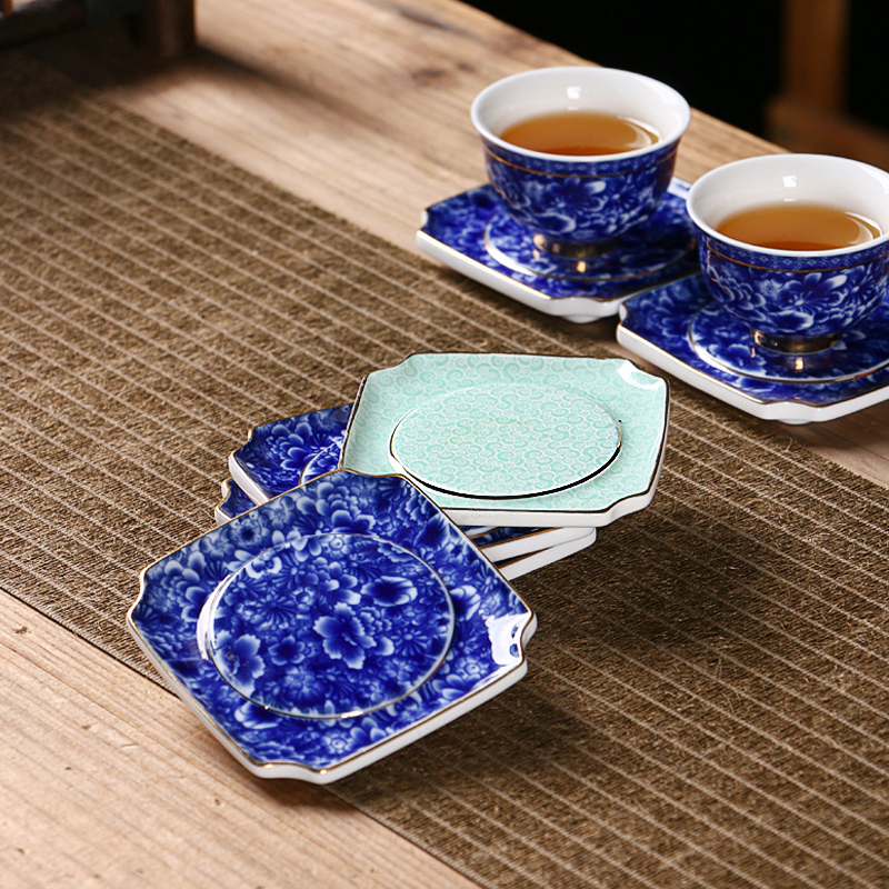 Haoyue ceramic coaster blue and white porcelain tea cup holder Japanese insulated square plate household kung fu tea tea ceremony spare parts