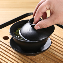 Haoyue Tea Bowl vintage Zen style black pottery three Cai bowl kung fu tea set coarse pottery cup home Tea Bowl