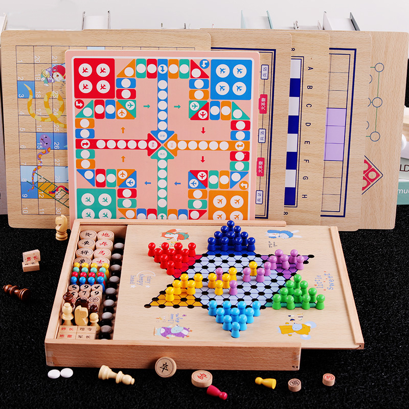 Flying Chess Checkers Five Chess Fighting Beast Chess Multifunction All-in-one Chessboard Children Puzzle Chess big All Wooden Toys-Taobao