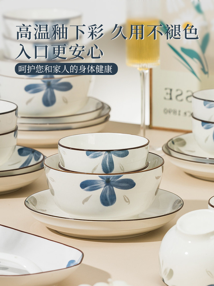 Dishes and Bowls Set for Home Use, Underglaze Color Rice Bowls, Simple and Modern 2025 New Style Ceramic Bowls, Plates, Chopsticks, and Tableware Set