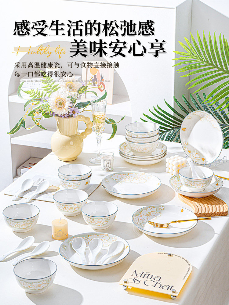 Underglaze Color Bowl and Plate Set for Home Use, 2025 New Model, Ceramic Bowls, Plates, Chopsticks, High-Value Tableware Set for Housewarming
