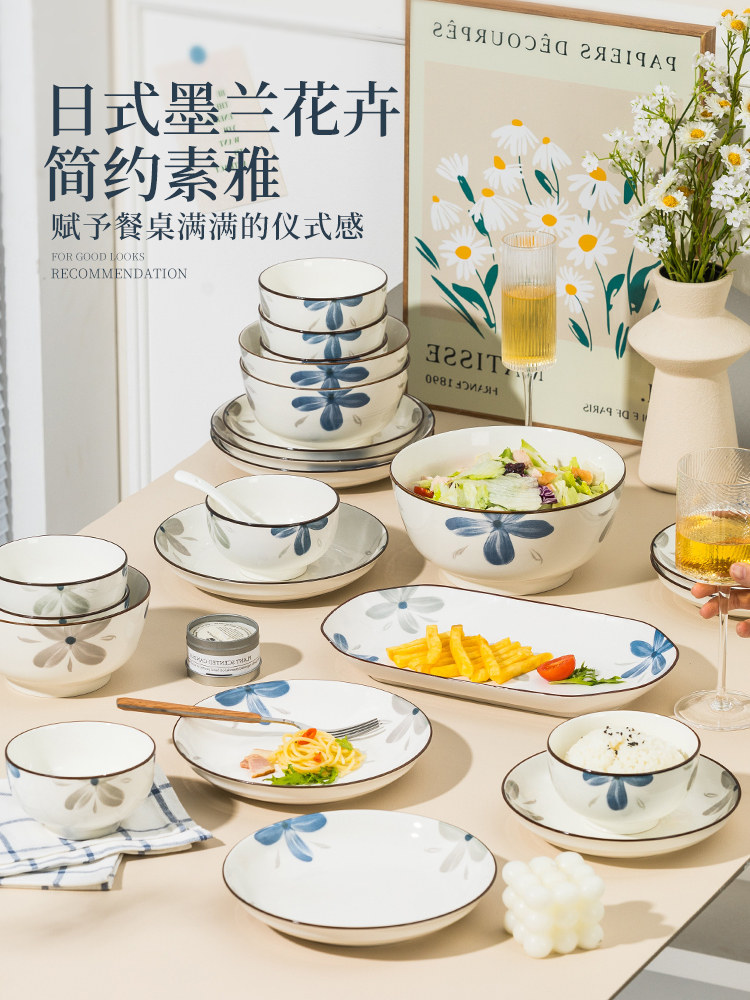 Dishes and Bowls Set for Home Use, Underglaze Color Rice Bowls, Simple and Modern 2025 New Style Ceramic Bowls, Plates, Chopsticks, and Tableware Set