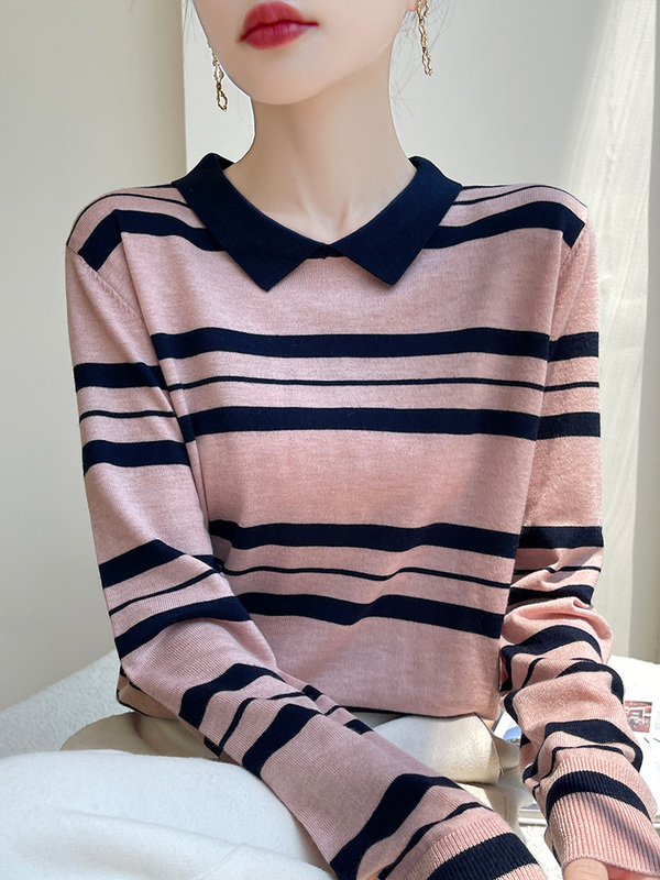 Miu Miu Style Wool Knit Sweater for Women, 2024 Autumn New Slim-Fit Base Layer with Doll Collar, Unique Top