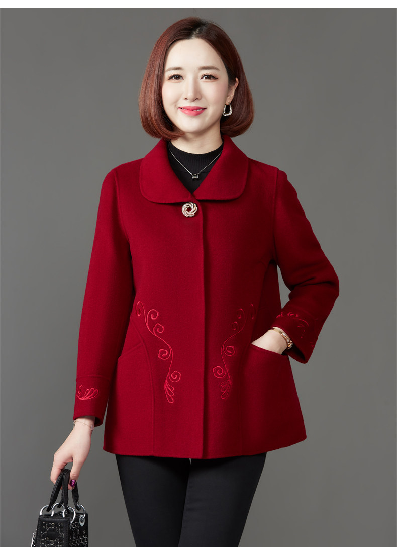 中老年双面羊毛大衣女2021冬季新款小个子绣花短款羊毛呢子外套详情10