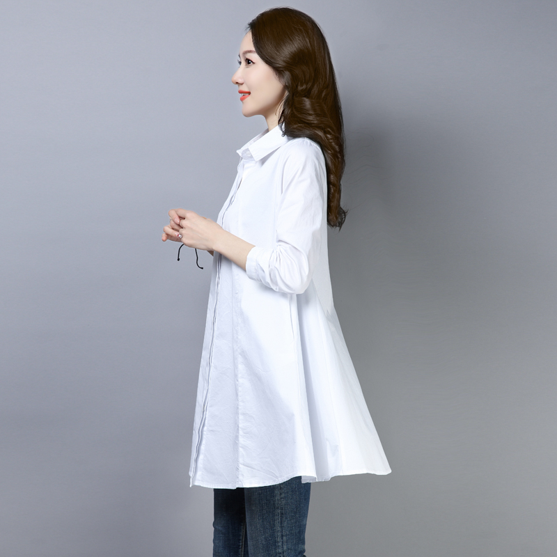 All cotton shirt woman long sleeve 2023 spring new Han edition medium - long loose coat cover meat and lean cotton shirt