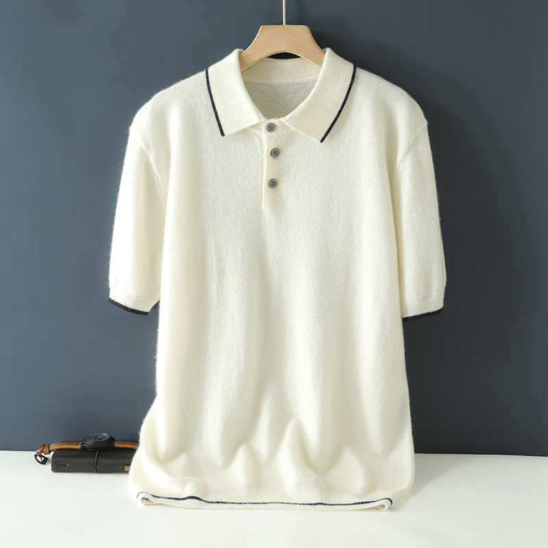 Polo Collar Short-Sleeved T-Shirt for Men, Autumn and Winter, 100% Pure Cashmere Knit Base Layer Wool Half-Sleeve Sweater T-Shirt