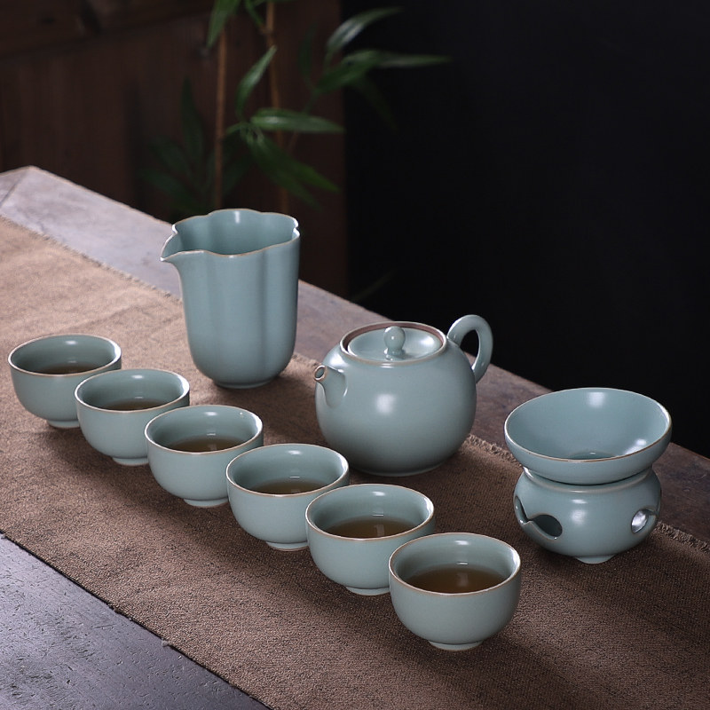 Ru Kiln Kung Fu Tea Set For Home Suit Sky Green Ru Porcelain Open Sheet Retro Three Only Cover Bowl Teapot Tea Cup Gift Box Whole Set