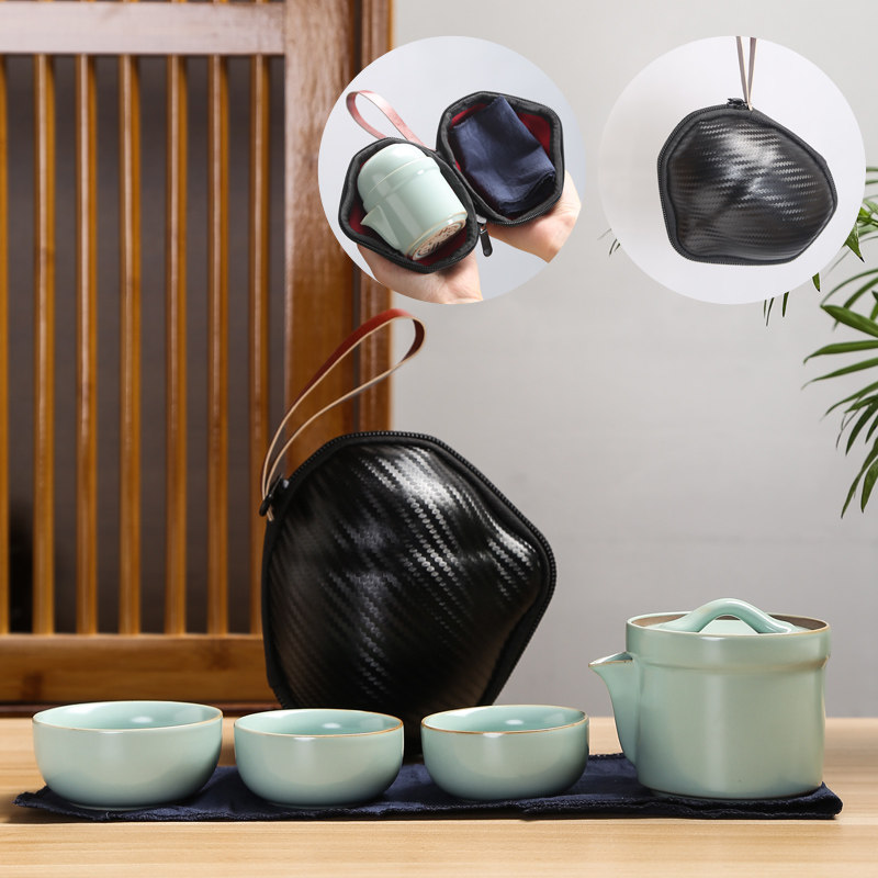 Lixia Ceramics Ru kiln opening portable travel kung fu teacup cup 1 pot of three cup package fast guest cup simple