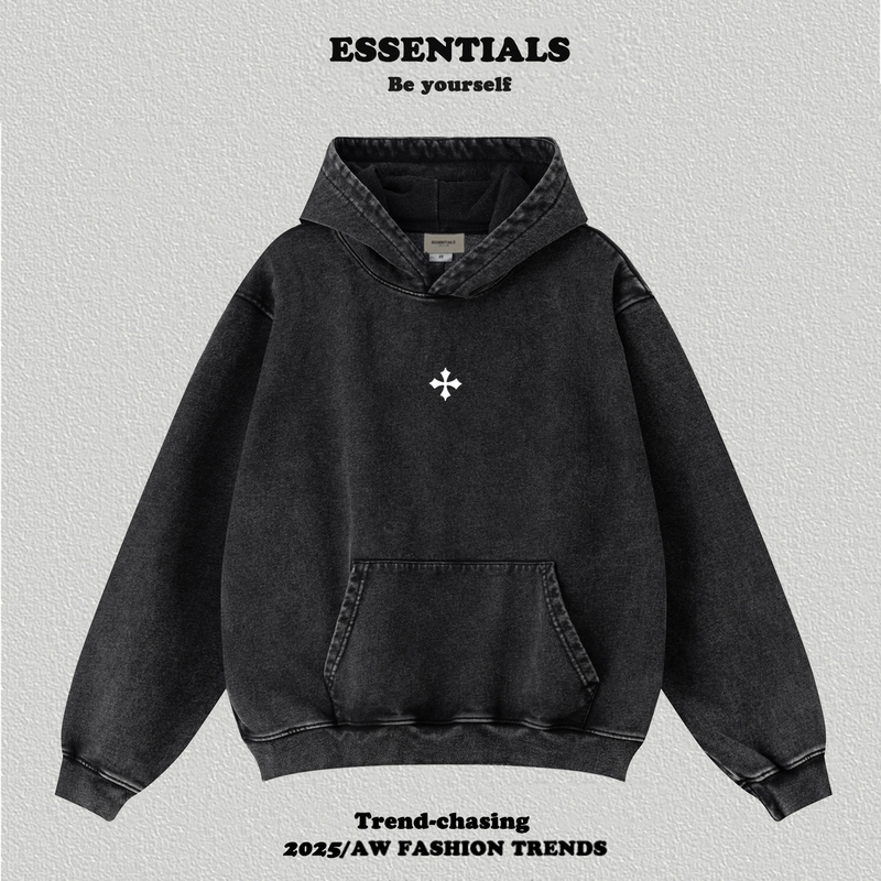 Fog American Style Trendy Brand Cross Print Washed Hoodie for Men and Women, Couple Loose Fit Vintage Distressed Sweatshirt Vtg
