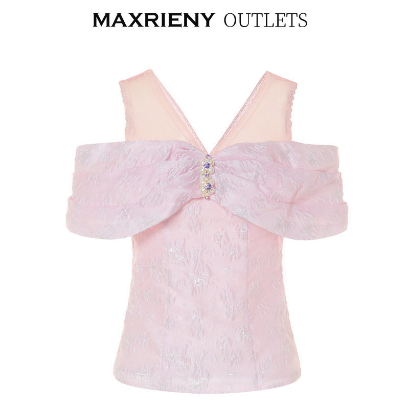 【Ole】 MAXRIENY Rose Розовая жаккардовая блузка без бретелек, ветряная кружевная шифоновая рубашка для женщин Изображение 1