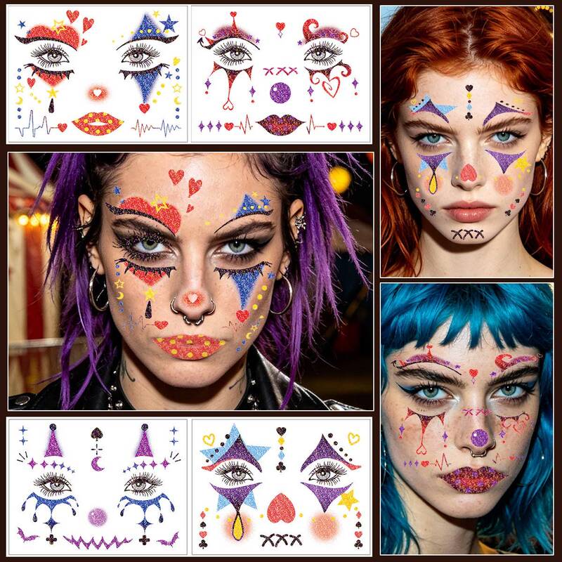 New Cross-Border Amazon Glitter Clown Face Stickers Halloween Tattoo Stickers Poker Party Temporary Tattoo Stickers