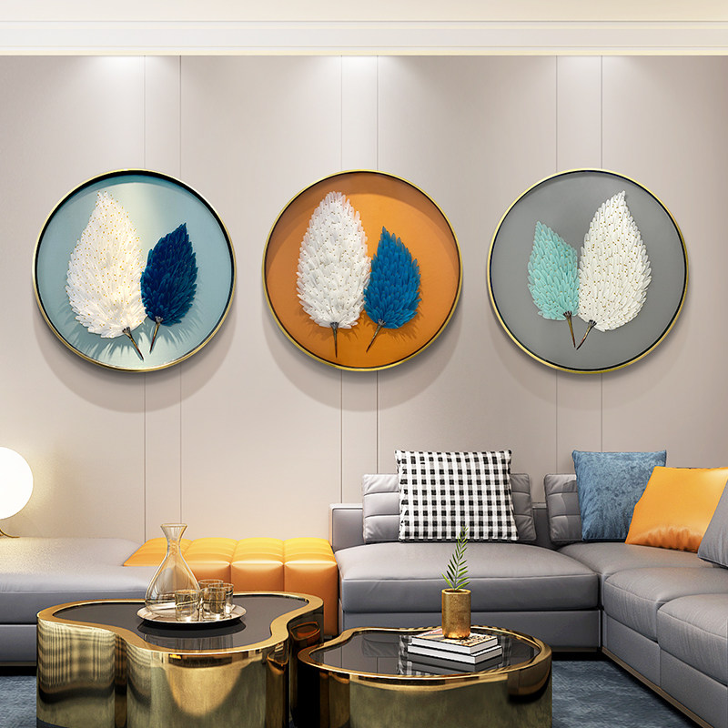 Living room hanging picture light luxury modern round decorative painting sofa background three-dimensional physical feather painting porch corridor corridor