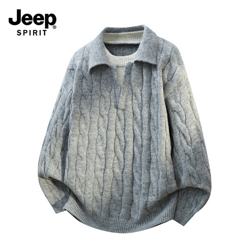 Jeep Jeep Retro Lapel Sweater Men's Autumn and Winter New Style Lazy Style Knitwear Loose Couple Sweater