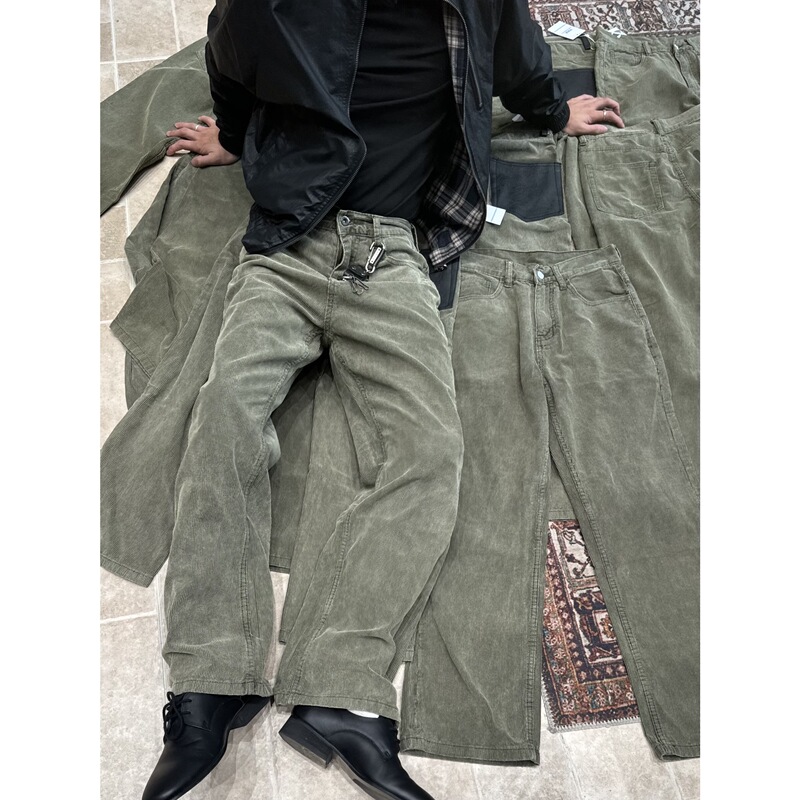 Fourfire Retro Washed Moss Green Corduroy Leather Patch Skinny Autumn and Winter Slim Straight Casual Pants