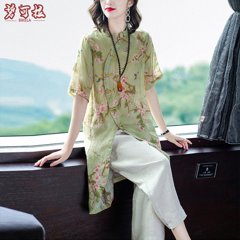 2021 new women's wear ethnic style Chinese style broken flower linen cotton linen set mother ramie two-piece summer set