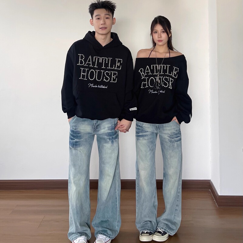 Yymdg Spring and Autumn Beaded Letter Print Autumn Style Unisex Off-Shoulder Hoodie Pullover Couple's Top