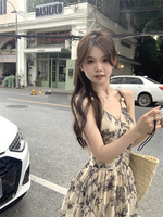 New Chinese style ink Tencel V-neck suspender skirt for women summer high-end waist slimming floral dress temperament long skirt