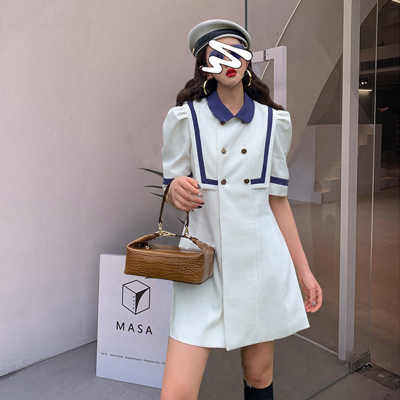 2021 new style dress for female summer collection waist display slim temperament fan navy wind white bubble sleeves foreign dress