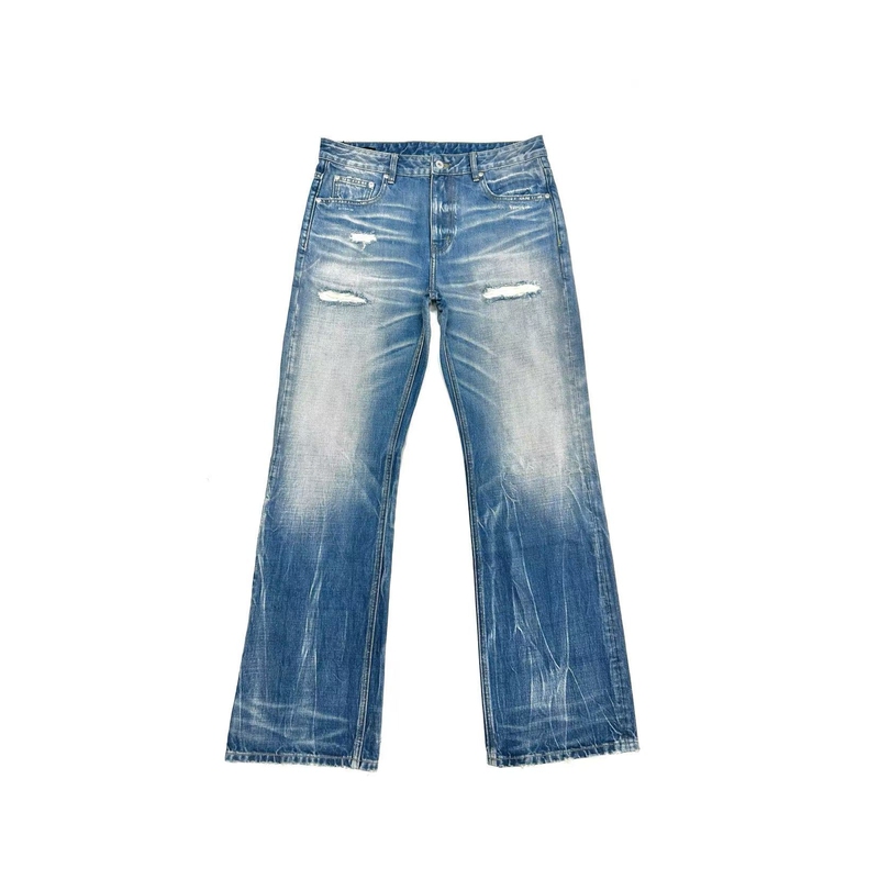 Poorland [P-Cutv1 Gray Tone Cream Blue] 13.4oz Ripped Vintage Whiskered Straight-Leg Blue Jeans