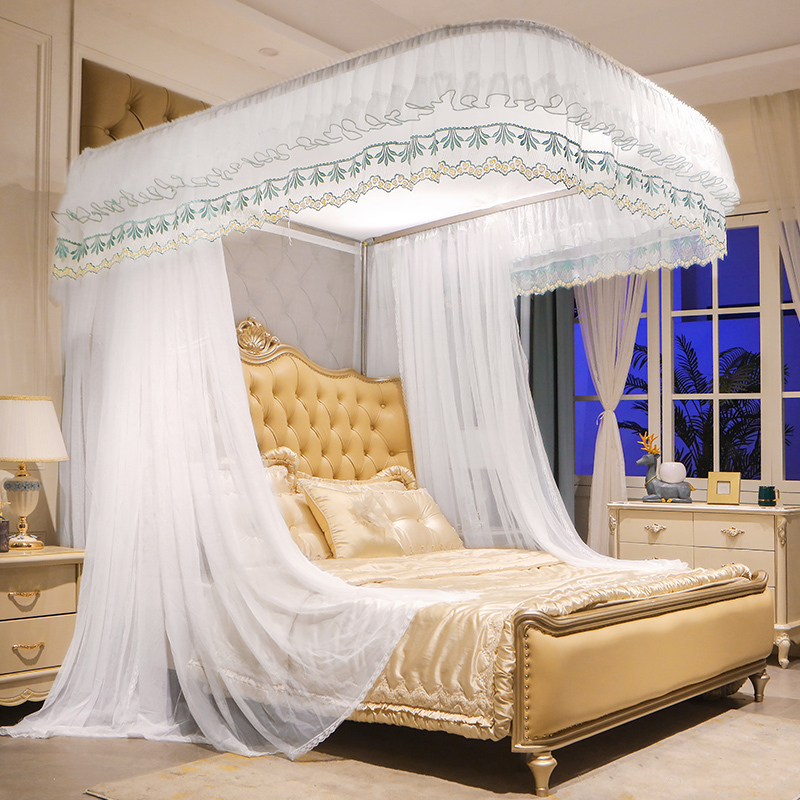 U-Shaped Track Mosquito Net for Home Bedroom, Three-Door Sliding Track, Princess Style, No-Drill Floor-Standing Gauze Curtain, Thickened and Reinforced