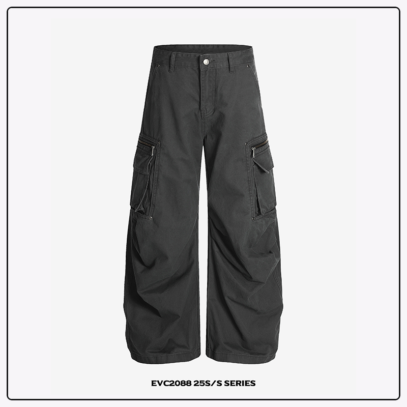 Evc American Street Style Retro Zipper Pocket Washed Vintage Micro-Baggy Wide-Leg Cargo Pants with Pleats Unisex Long Pants Evc American Street Style Retro Zipper Pocket Washed Vintage Micro-Baggy Wide-Leg Cargo Pants with Pleats Unisex Long Pants