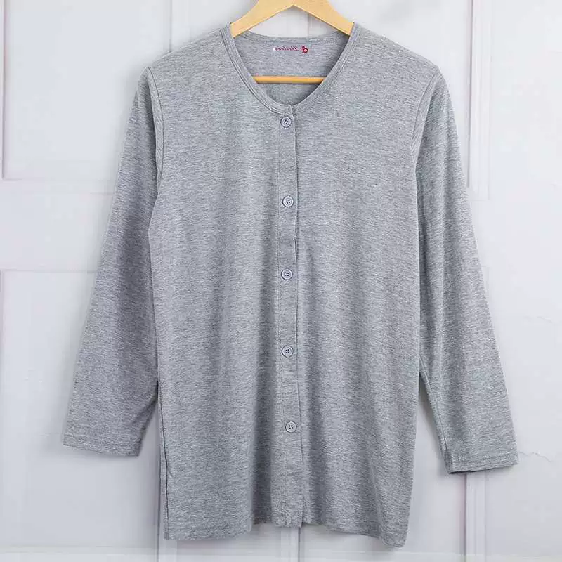 Bộ đồ ngủ mùa xuân và mùa hè nam áo sơ mi dài tay cổ tròn cardigan trung niên và cao tuổi rộng rãi cỡ lớn áo sơ mi nam trung niên và cao tuổi mở - Pyjama