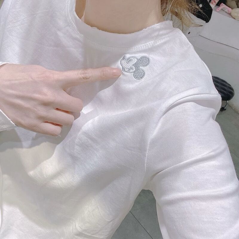 2024 Autumn New Mickey Pattern Embroidered T-Shirt for Women, Fashionable and Versatile Long Sleeve Pullover Top