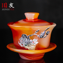 Old friends inlaid silver agate jade porcelain bowl Sancha big thick anti-hot Jade glass Puer kung fu tea set