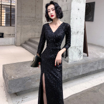 Black Sexy Evening Gown Lady Gas Field Queen Banquet Temperament Presiding Over the Annual Meeting Gown Woman Wrap Hip and Hip Dress