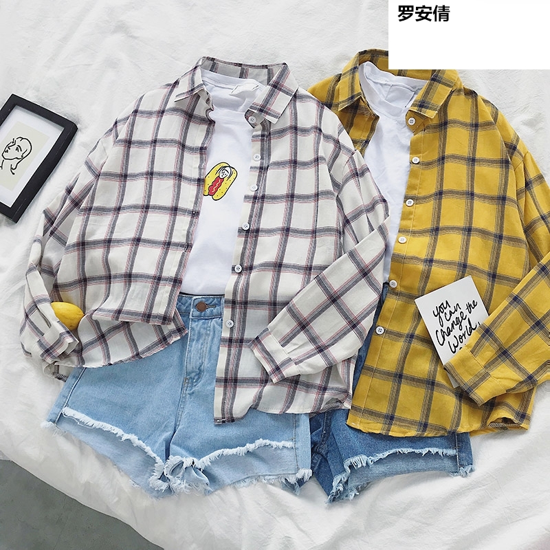 ve áo tươi nhỏ loose-fitting đơn hàng nút xuống áo sơ mi kẻ sọc áo phụ nữ 2019 mùa thu Hàn Quốc phiên bản của gió học viện