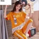 . Mùa hè womens đồ ngủ womens đồ ngủ cotton mùa hè ngắn tay bảy điểm quần bông bộ mùa hè có thể mặc quần áo nhà bộ hai mảnh.